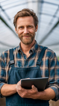 Portrait of friendly farmer man with farm field in the background.の素材