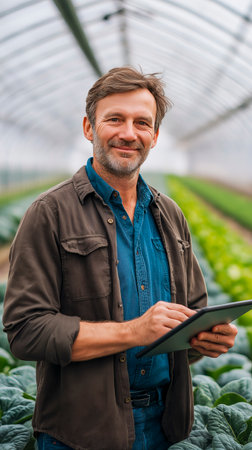 Portrait of friendly farmer man with farm field in the background.の素材