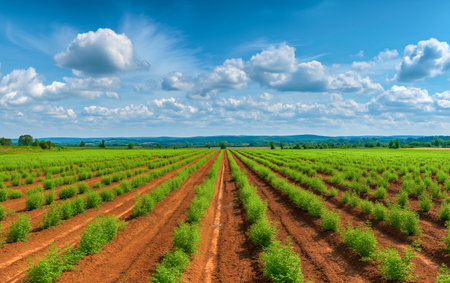 Landscape of green field with rows of plants to harvest. Aerial view of organic farm land with rows with bush seedlings.の素材