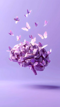 Human brain made of butterflies against purple background. Self care and mental health concept. Creative mind, Alzheimer and dementia.の素材
