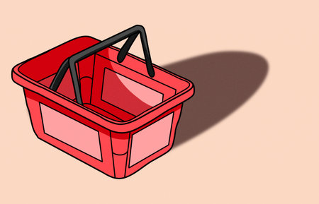 Illustration of red basket shopping for grocery supermarket against beige background with empty space for text or promotion product.の写真素材