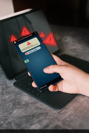 Woman receives message from suspected number scam. Unwanted anonymous call. Fraud and phishing phone...