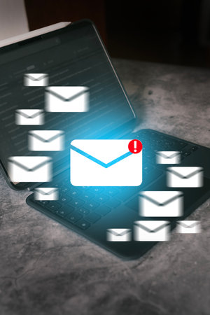 Digital tablet receiving email and sending interface. Newsletter, news and invoice digital concept....