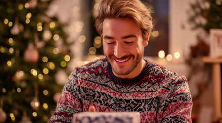 Happy man opening present box and smiling widely for Christmas. Merry Christmas gift concept.の素材