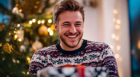 Happy man opening present box and smiling widely for Christmas. Merry Christmas gift concept.の素材