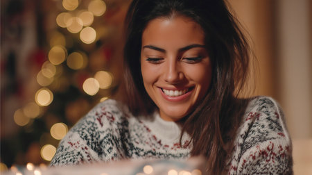 Happy woman opening present box and smiling widely for Christmas. Merry Christmas gift concept.の素材