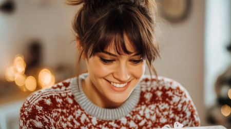 Happy woman opening present box and smiling widely for Christmas. Merry Christmas gift concept.の素材