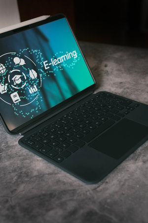 Concept of Distance education online. E-learning interface on digital tablet screen for personal...