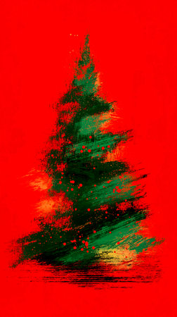 Merry Christmas and Happy New Year postcard. Illustration of Christmas tree against colorful background with empty space for text or product.の素材