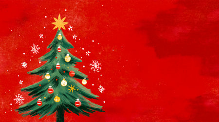 Merry Christmas and Happy New Year postcard. Illustration of Christmas tree against colorful background with empty space for text or product.の素材