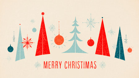 Merry Christmas retro wallpaper style with empty space for text. Postcard in 50's style illustration for Christmas celebration.の素材