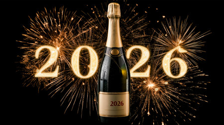 Champagne bottle with golden numbers of 2026 New Years Eve against dark background and fireworks. Happy New Year 2026 header concept.の素材