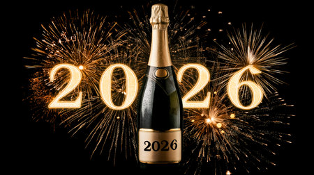 Champagne bottle with golden numbers of 2026 New Years Eve against dark background and fireworks. Happy New Year 2026 header concept.の素材