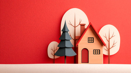 Cute little houses made of wood with pine trees against red background. Christmas banner concept or celebration.の素材
