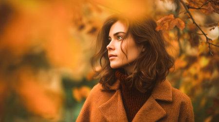 Portrait of young woman in autumn park with yellow foliage maple leaves. Fall season fashion.の素材