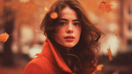 Portrait of young woman in autumn park with yellow foliage maple leaves. Fall season fashion.の素材