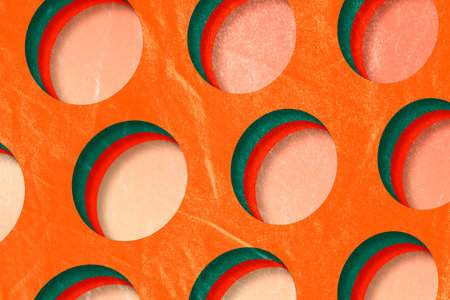 Vibrant abstract geometric pattern in warm tones. Retro graphic design element circles style. Design for banner, header, website, flyer and social media post.の写真素材