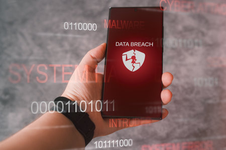 Cyberattack attempt on phone concept. Smartphone shows on screen a warning alert for data breach. Cyber security risk.の写真素材