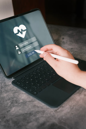 Woman use digital tablet displaying medical app on screen. Online video consultation. Telehealth...