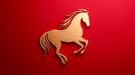 Happy Chinese New Year header with gold horse over vibrant red background. Chinese zodiac lunar calendar animal. Year of the horse.の素材