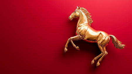 Happy Chinese New Year header with gold horse over vibrant red background. Chinese zodiac lunar calendar animal. Year of the horse.の素材