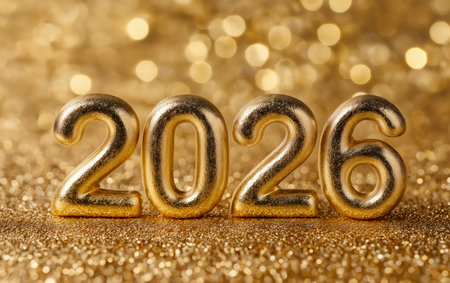 Golden numbers wishing a Happy New Year 2026 over festive background.の素材