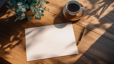 Flat lay shot of workspace desk with white file or card for template mockup. Copy space for text or logo.の素材