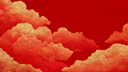 Vibrant red background with Chinese design of golden clouds for card and website design. Illustration for poster and social media post.の素材