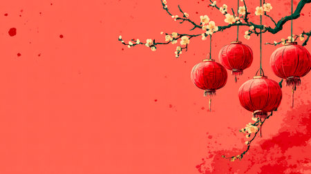 Happy Chinese New Year 2026. Vibrant background with red flowers and lanterns for card and website design. Chinese zodiac lunar calendar animal. Year of the horse.の素材