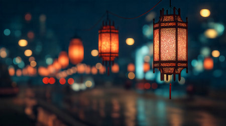 Traditional chinese red lanterns hanging in the streets for festival and New Year celebration.の素材