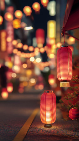 Traditional chinese red lanterns hanging in the streets for festival and New Year celebration.の素材