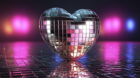 3D render disco Mirror Heart with Neon Lights. Postcard and banner website for Valentine's Day. Wedding and romantic poster.の素材