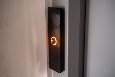 Close up of a modern silver button with glowing orange light ring.