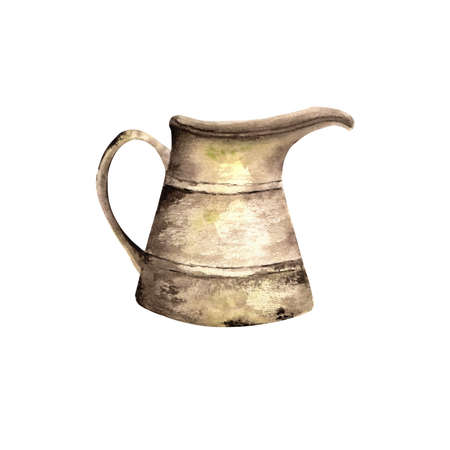 An old garden jug. Watercolour illustration of old metallic garden jug is a part of the set of illustrations.の写真素材