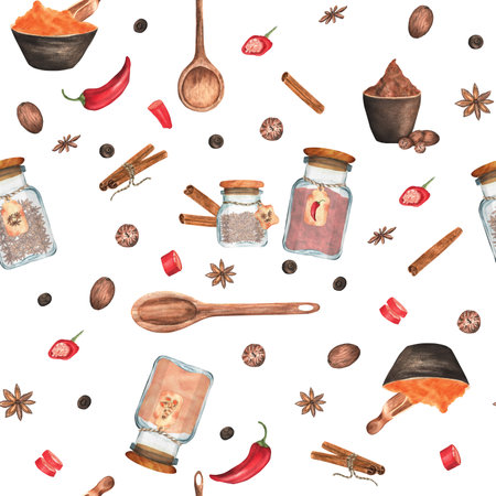 Hand-drawn watercolor seamless pattern with condiments and kitchen utensilsの写真素材