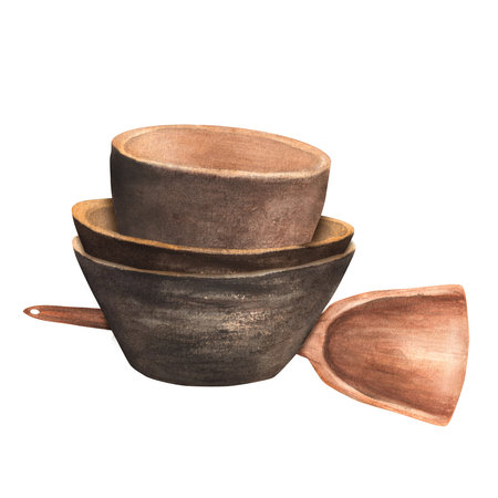 Hand-drawn watercolor ceramic bowls and wooden spatulaの写真素材