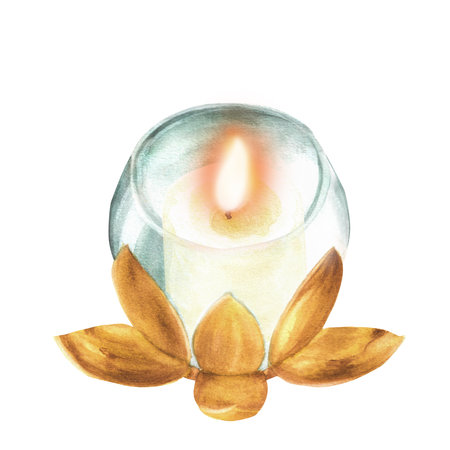 Hand-drawn watercolor brass candlestick with a burning candleの写真素材