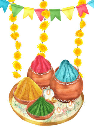 Hand-drawn watercolor Holi composition with flags, floral garlands and powder paintsの写真素材