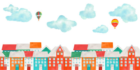 Hand drawn watercolor colorful banner with houses in a rawの写真素材