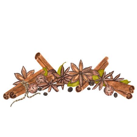 Hand drawn watercolor composition with spices: cinnamon, nutmeg, black pepper, anise and cardamom. Isolated on white. An illustration for printing design: for paper, textile and web.の写真素材