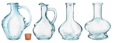 Hand drawn watercolor set of illustrations: glass jugs and bottles. Four objects to combine with different images for printing design, postcards, covers, web, etc.の写真素材
