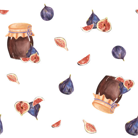 Hand-drawn watercolor illustration. Seamless pattern with fresh figs, slices and glass jars with jam.の写真素材