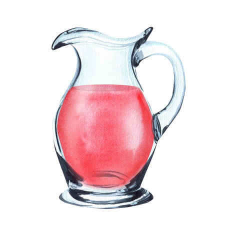 Hand-drawn watercolor illustration. Glass jug with lemonade, juice or any other drinkの写真素材