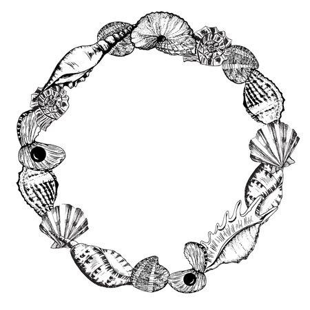 Hand-drawn ink illustration. Black and white. Circle frame with different sea shells. Vectorのイラスト素材