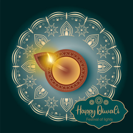 Happy Diwali ( Festival of lights) vector illustration with mandala circle design and oil diya.のイラスト素材