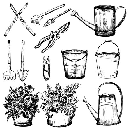 Hand-drawn ink illustrations. A set of garden tools, watering cans, buckets, trowels, hedge-clippers, rakes. Vectorのイラスト素材
