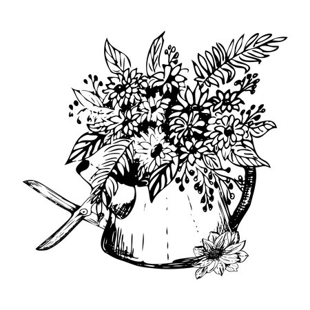 Hand-drawn ink illustration. Flower pot with garden scissors. Vectorのイラスト素材