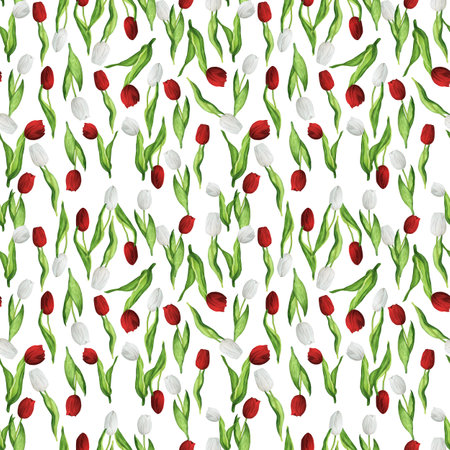Hand-drawn watercolor illustration. Seamless floral pattern with red and white tulips in random orderの写真素材