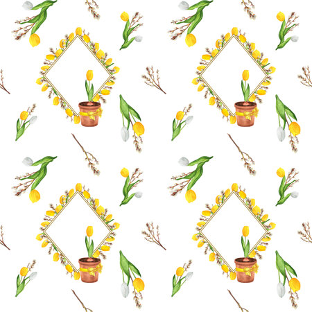 Hand-drawn watercolor illustration. Seamless Provence pattern with floral frames, white and yellow tulips, pussy-willow branches, flowerpots with yellow bowsの写真素材