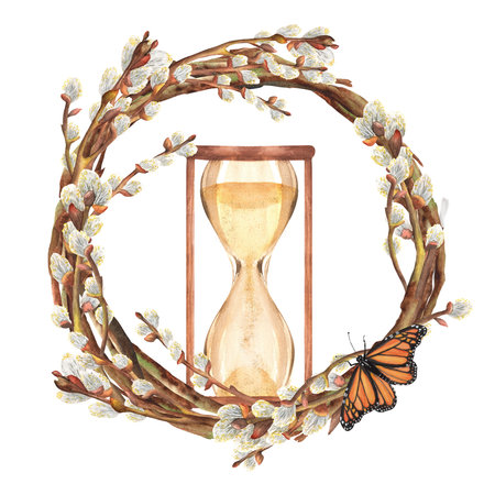 Hand-drawn watercolor illustration. Beautiful spring wreath with willow branches and hourglass....